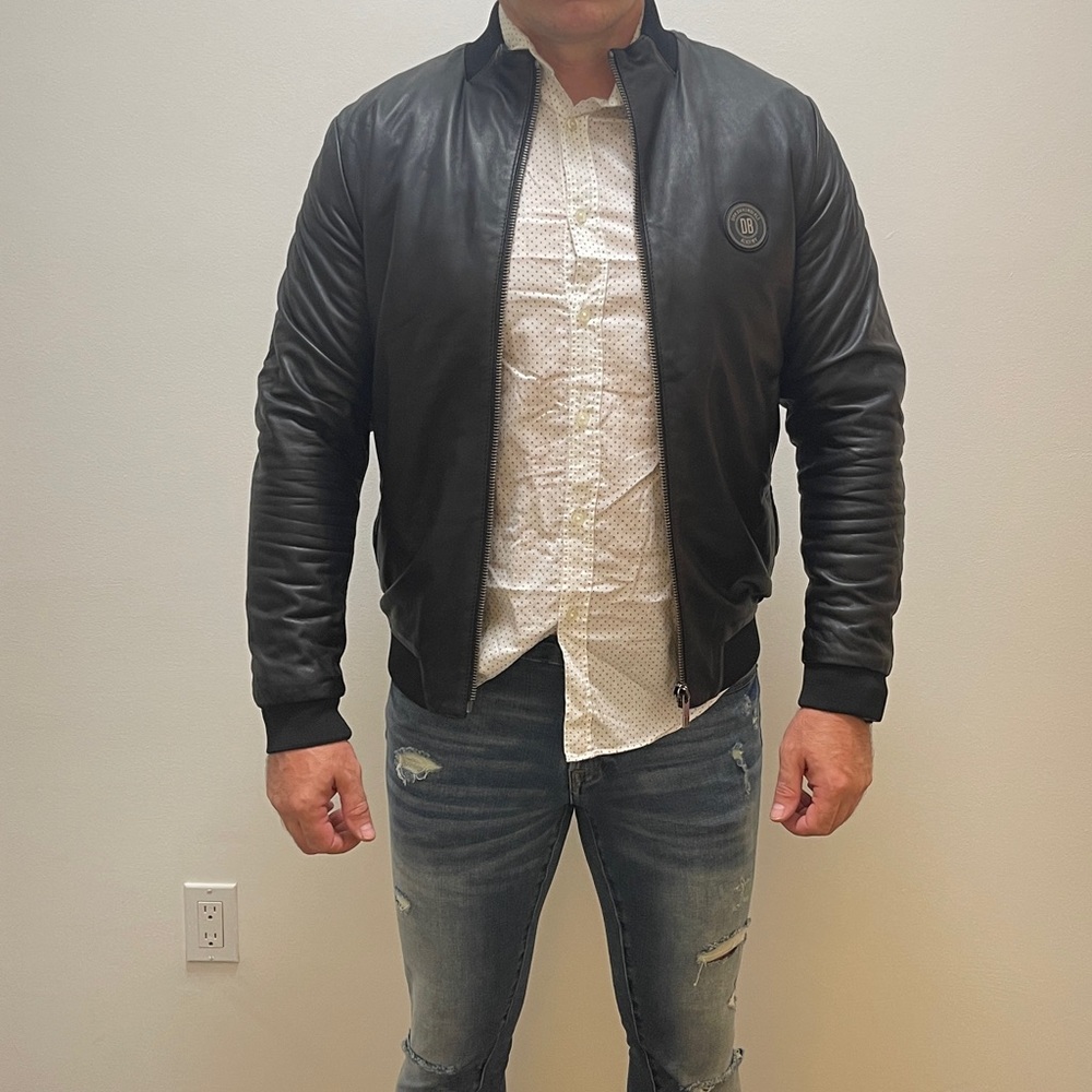 Dirk Bikkembergs Black Leather Bomber Jacket, size 48